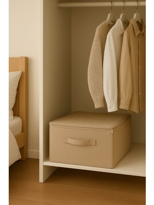 Destekli Hurç Büyük Boy Bej Renk – Fermuarlı Katlanabilir Saklama ve Düzenleme Kutusu