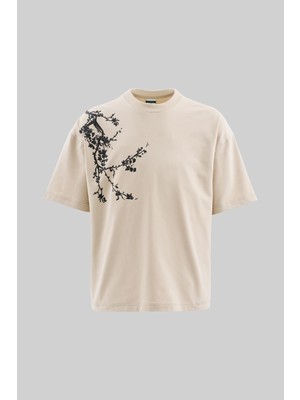 Erkek Floral 3D Printed Oversize Soft Bej Tişört