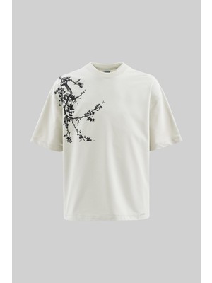 Erkek Floral 3D Printed Oversize Uzay Grisi Tişört