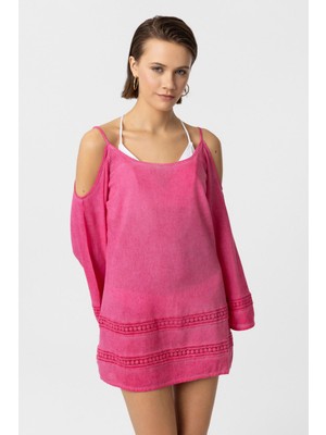 Pembe Ince Askılı Dantel Detaylı Truvakar Kol Pamuklu Gömlek