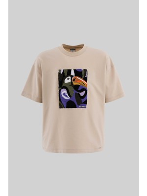 Machinist Erkek Parrot Embroidered Oversize Soft Bej Tişört