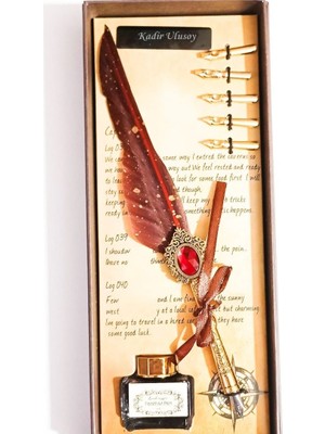 Kişiye Özel Retro Tüylü Divit Kalem Seti - Özel Kutulu Yazı Kalemi ve Mürekkep Seti