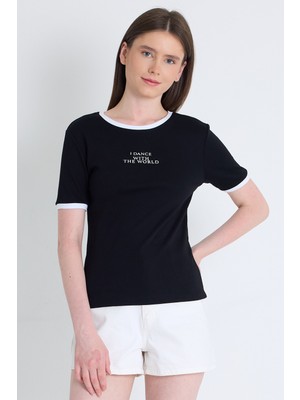 Siyah Yazı Baskılı Relaxed Fit Tişört 5793