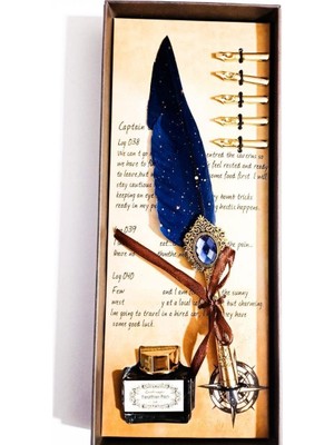 Kişiye Özel Retro Tüylü Divit Kalem Seti - Özel Kutulu Yazı Kalemi ve Mürekkep Seti