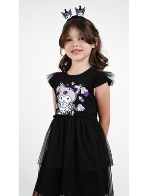 Kuromi Siyah Tül Detaylı Kısa Kollu Kız Çocuk Elbisesi