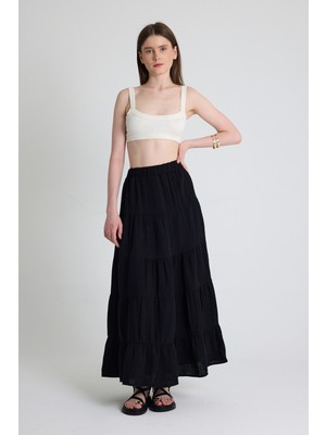 Siyah Keten Görünümlü %100 Pamuk Kat Kat Uzun Etek 4801A