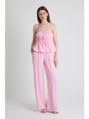 Şeker Pembe Mavi Straplez Bluz ve Geniş Paça Pantolon Ikili Takım 5236