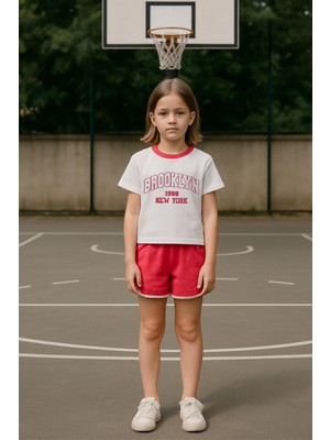 Kız Çocuk %100 Pamuklu Brooklyn Baskılı Şortlu Takım - Pembe (3-4 Yaş 8-9 Yaş)
