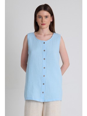 Bebe Mavi Keten Görünümlü %100 Pamuk Düğmeli Kolsuz Bluz 4808A
