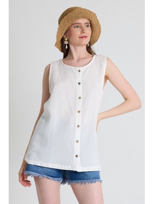 Beyaz Keten Görünümlü %100 Pamuk Düğmeli Kolsuz Bluz 4808A