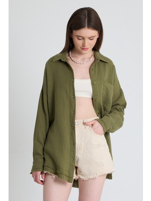Haki Oversize %100 Pamuk Müslin Gömlek 4786A