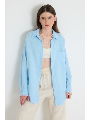 Bebe Mavi Oversize %100 Pamuk Müslin Gömlek 4786A