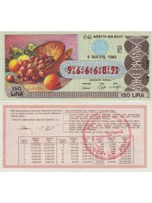Banknoting Eski Milli Piyango 1/4 Çeyrek Bilet 9 Mayıs 1983 Meyveler.