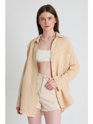 Bej Oversize %100 Pamuk Müslin Gömlek 4786A