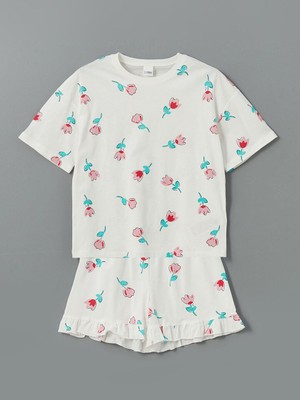 Bisiklet Yaka Çiçekli Kız Çocuk Şortlu Pijama Takımı  (S5)