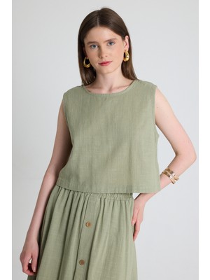 Olive Yeşili Keten Görünümlü %100 Pamuk Kolsuz Crop Bluz 3419-1