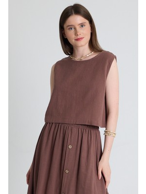 Kahverengi Keten Görünümlü %100 Pamuk Kolsuz Crop Bluz 3419-1
