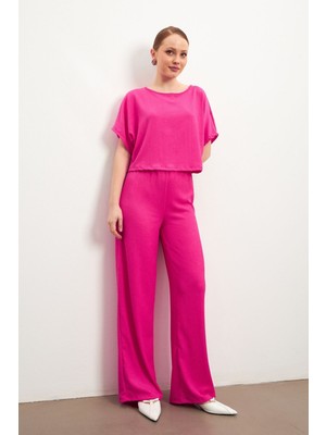 Kadın Fuşya Kısa Kollu Krinkıl Pantolonlu Takım