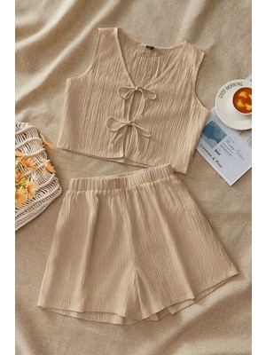 Kadın Bej Fitilli Şortlu Bağlamalı Takım