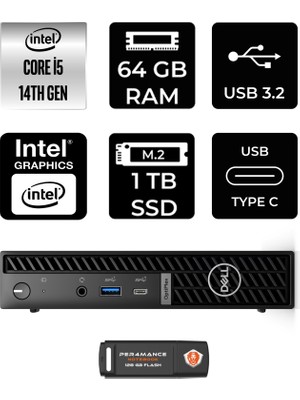 Dell Optiplex 7020MFF Intel Core I5 14500T 64GB 1tb SSD Fdos Mini Masaüstü Bilgisayar & Per4 USB Bellek N012O7020MFFP333