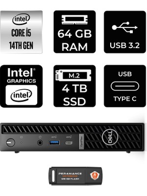 Dell Optiplex 7020MFF Intel Core I5 14500T 64GB 4tb SSD Windows 11 Home Mini Masaüstü Bilgisayar & Per4 USB Bellek N012O7020MFFP375