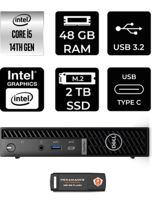 Dell Optiplex 7020MFF Intel Core I5 14500T 48GB 2tb SSD Fdos Mini Masaüstü Bilgisayar & Per4 USB Bellek N012O7020MFFP329