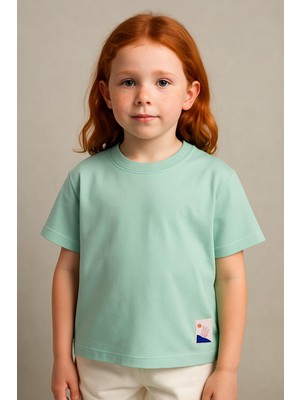 Luess Unisex Çocuk %100 Pamuklu Basic Tişört - Açık Yeşil  (3-4 Yaş 8-9 Yaş)