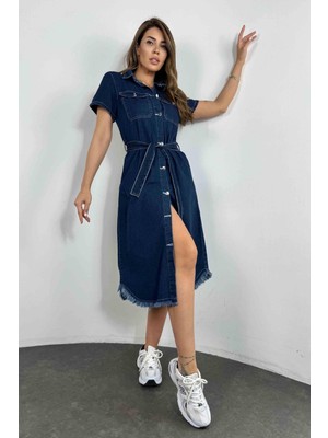 Sagi Jeans Kadın Kuşaklı Kısa Kollu Eteği Yırtıklı Midi Boy Kot Elbise