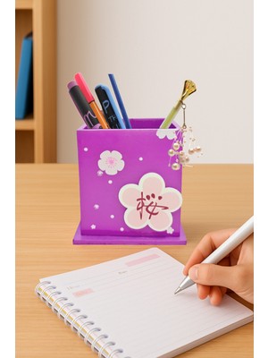 Ahşap Masaüstü Kalemlik Çiçek Desenli Mor - 1 Adet