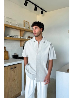 Taş Rengi Keten Oversize Kısa Kol Gömlek