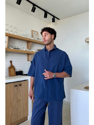 Basic Oversize Kısa Kol Lacivert Keten Gömlek