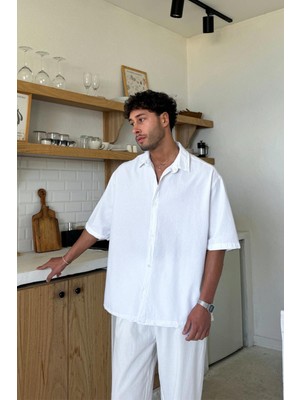 Flaw Basic Oversize Kısa Kol Keten Gömlek Beyaz