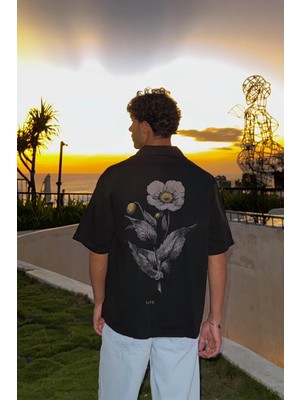 Flowers Sırt Baskılı Siyah Oversize Kısa Kol Gömlek
