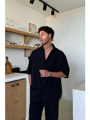 Flaw Basic Oversize Kısa Kol Keten Gömlek Siyah