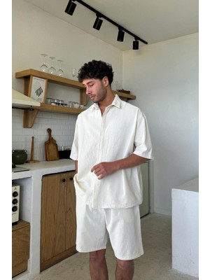 Flaw Krem Basic Oversize Kısa Kol Keten Gömlek Bej
