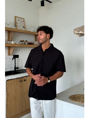 Siyah Keten Oversize Kısa Kol Gömlek