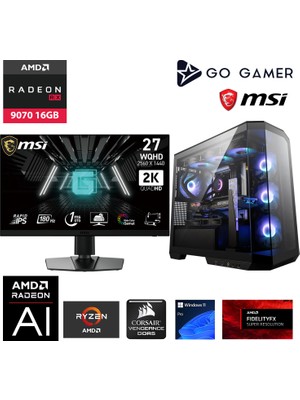 Go Gamer GA1323DP AMD Ryzen 7 9800X3D / 256GB DDR5 5600Mhz / 1TB NVMe m.2 SSD / RX 9070 16GB / 240mm Sıvı Soğutma / MSI 27" 2K 180Hz. / AMD Gaming Paket