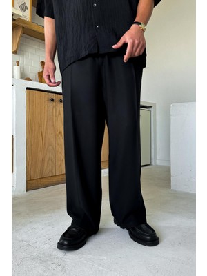 Siyah Rahat Kesim Bel Lastikli Baggy Pantolon