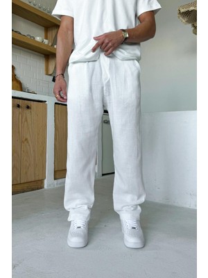 Beyaz Bel Lastikli Müslin Kumaş Pantolon