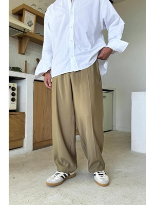 Haki Rahat Kesim Bel Lastikli Baggy Pantolon