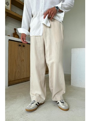 Krem Bel Lastikli Keten Baggy Pantolon