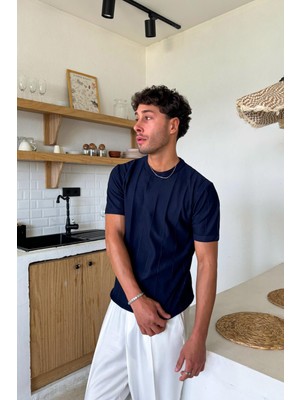 Flaw Çizgi Desenli Triko Tişört Lacivert