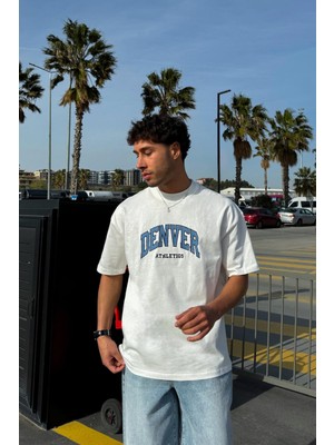 Denver Nakışlı Ekru Oversize Tişört