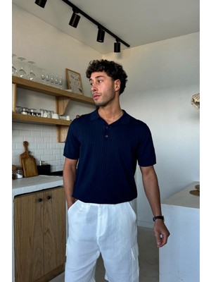 Polo Yaka Çizgi Desenli Lacivert Triko Regular Tişört