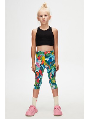 Lovetti Kız Çocuk Desenli Tropical Zoo Tayt Kapri Lastikli Örme Kumaş ile Rahat Kullanım