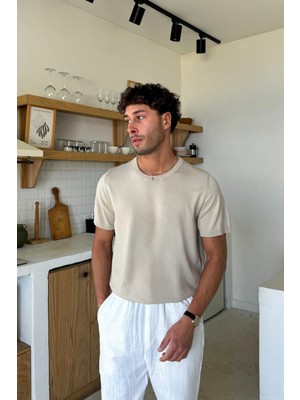 Basic Bisiklet Yaka Açık Kahve Triko Tişört