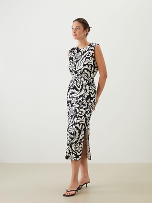 Bisiklet Yaka Çiçekli Keten Karışımlı Elbise  (S5)