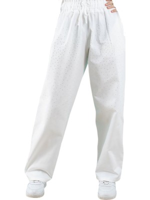 Kız Çocuk Taş Detaylı Beli Lastikli Cepli Ekru Renk Oversize Pantolon