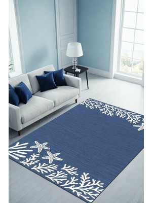 The Reef Design Mavi Mercan Desenli Denizaltı Temalı Dijital Baskılı Dokuma Kaymaz Tabanlı Yıkanabilir Yazlık Halısı