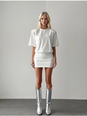 Kadın Beyaz Vatkalı Bel Lastikli Tişort Mini Elbise